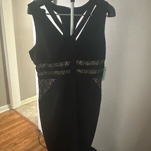 Bisou Bisou Black Midi Dress with Lace Accents